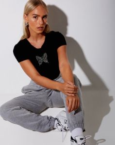 Tiney Crop Tee in Black Butterfly Hotfix sold by Motel Rocks