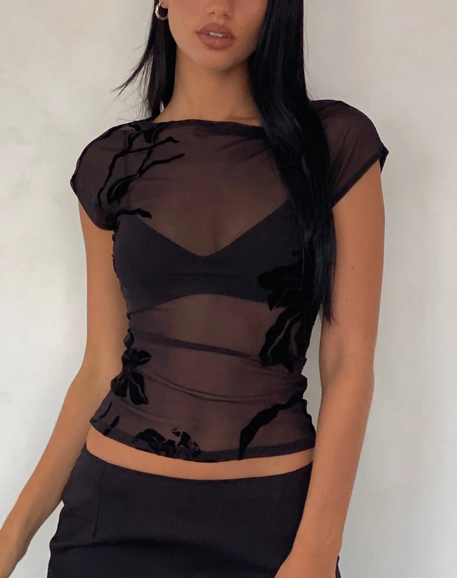 Nova Top in Orchids Flock Black sold by Motel Rocks