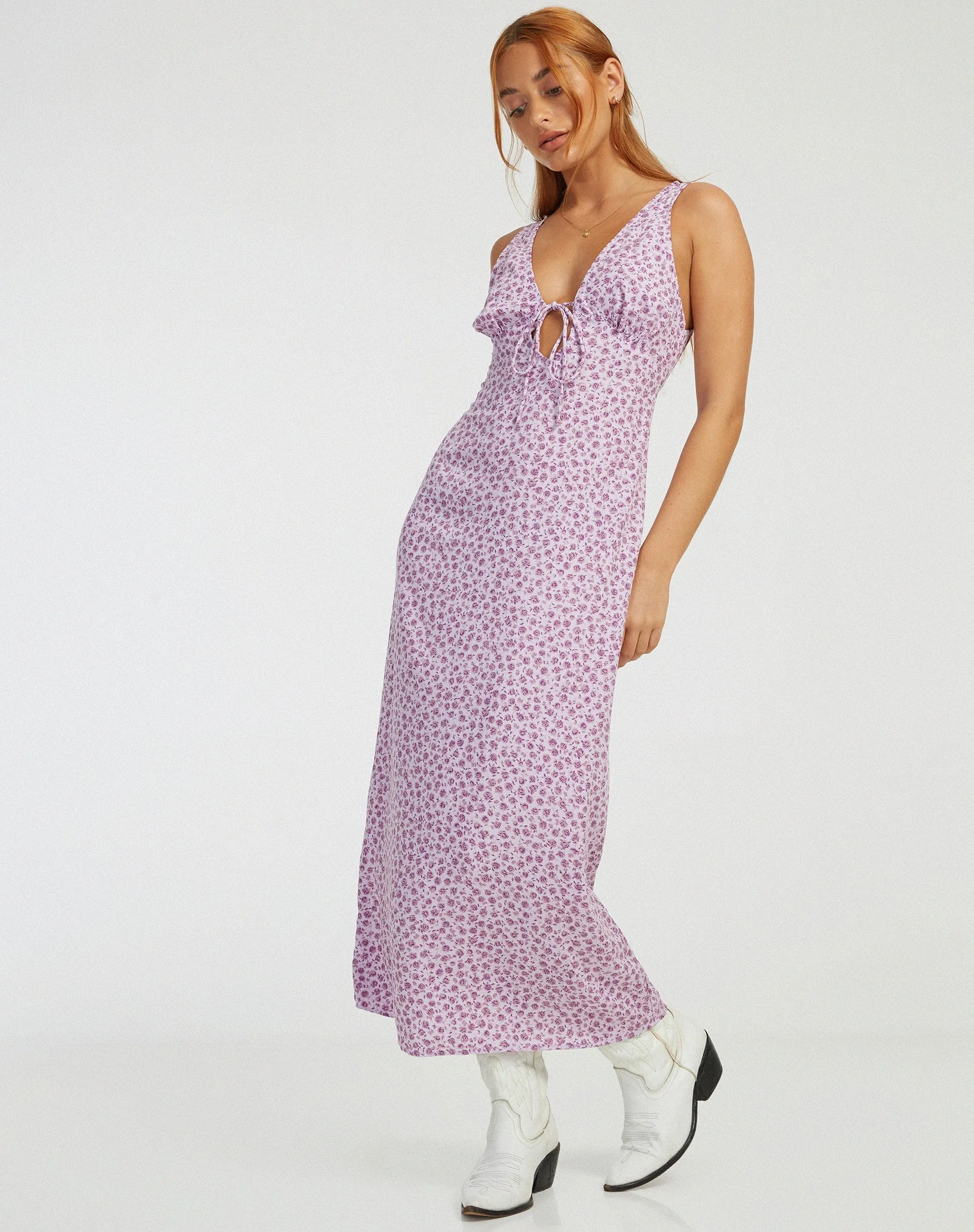 Fiaso Midi Dress in Ditsy Rose Lilac sold by Motel Rocks