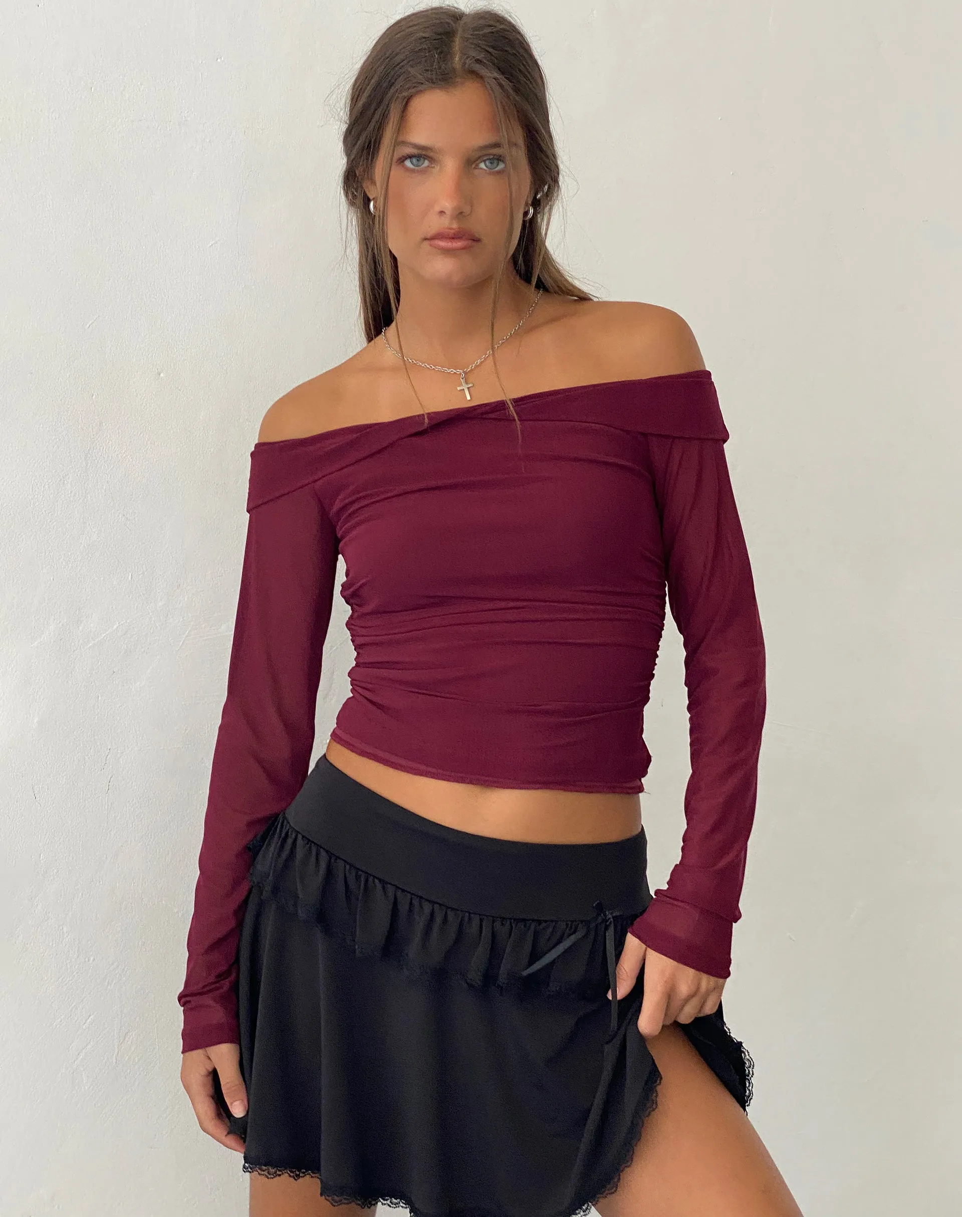 Nauri Mesh Bardot Top in Maroon sold by Motel Rocks