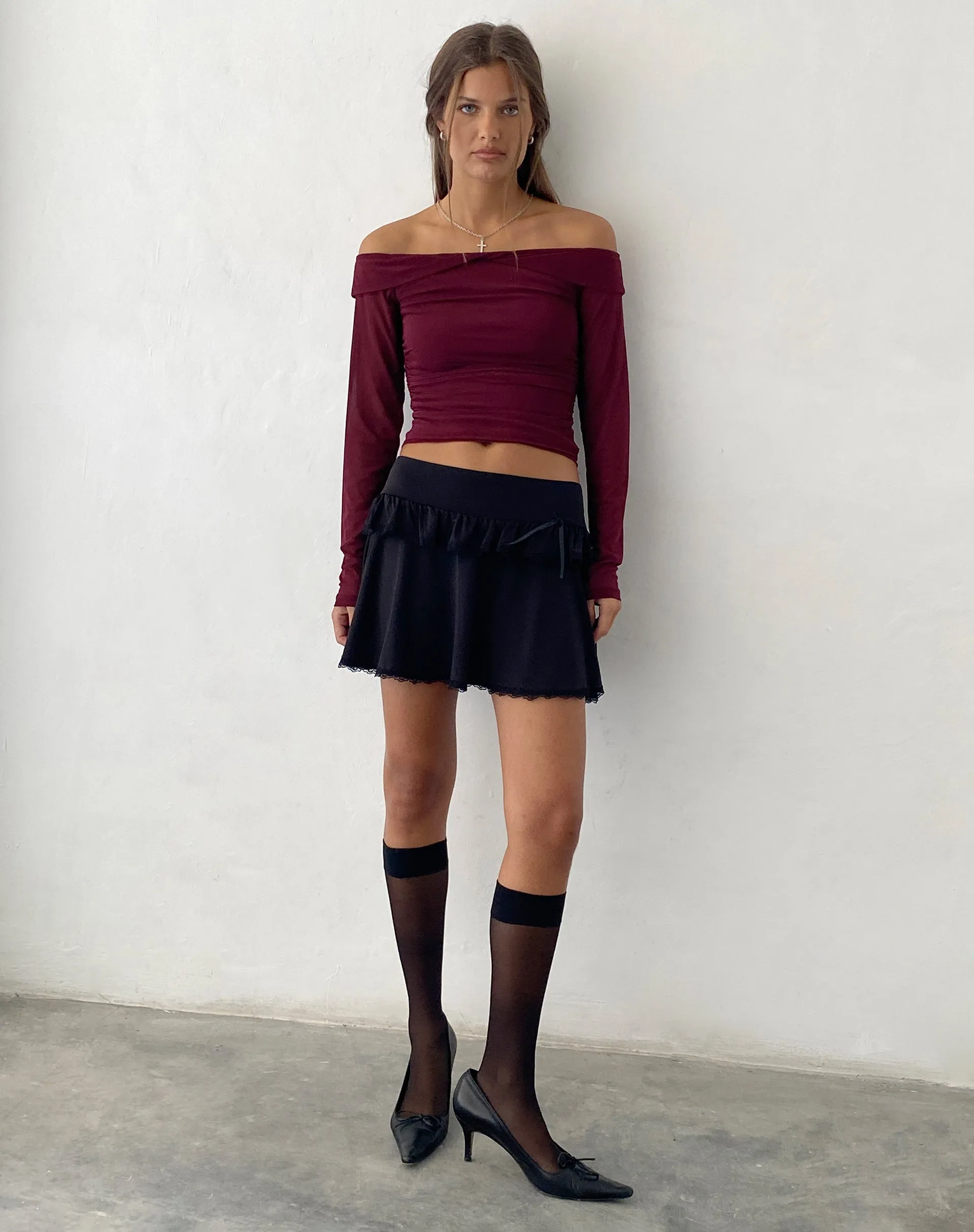 Nauri Mesh Bardot Top in Maroon sold by Motel Rocks product image thumbnail 3