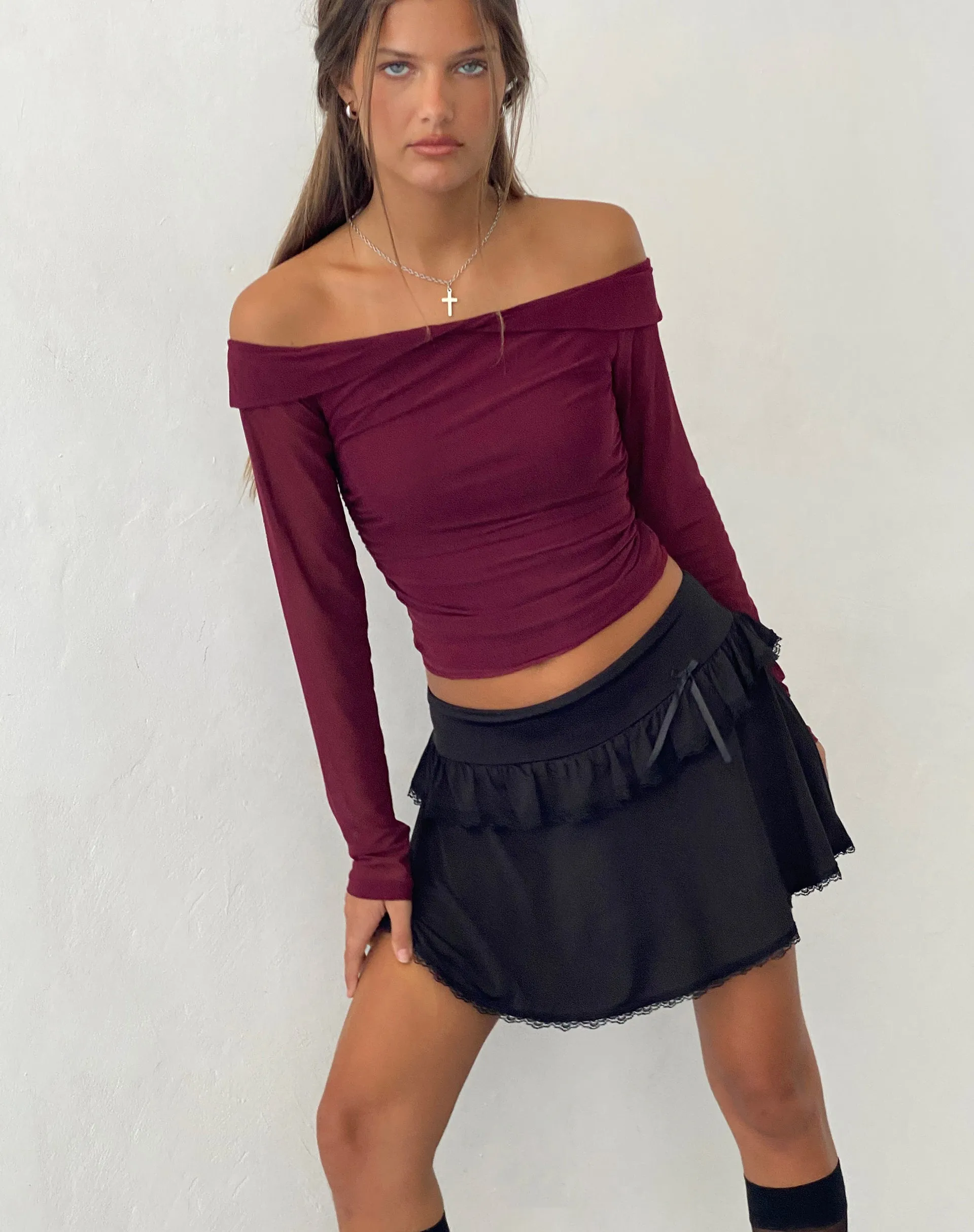 Nauri Mesh Bardot Top in Maroon sold by Motel Rocks product image thumbnail 4