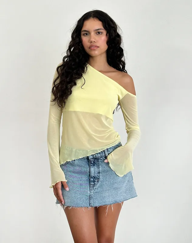 Narcissa Asymmetric Top in Mesh Lemon sold by Motel Rocks
