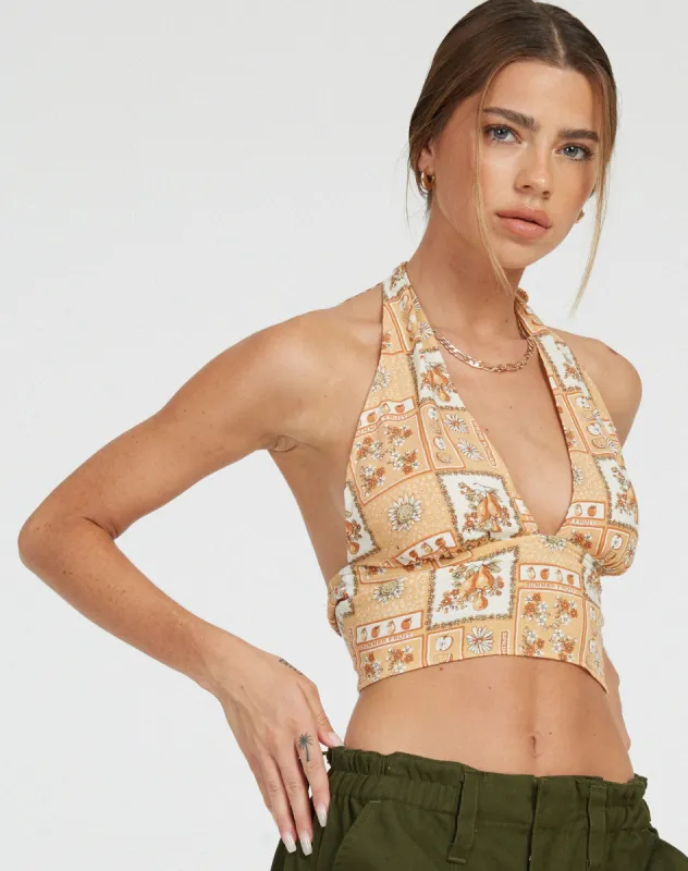 Nanda Crop Top in Picnic Print Brown sold by Motel Rocks