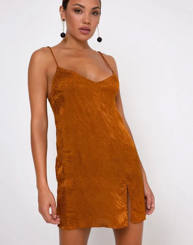 Katya Mini Dress in Satin Zebra Golden Coral sold by Motel Rocks