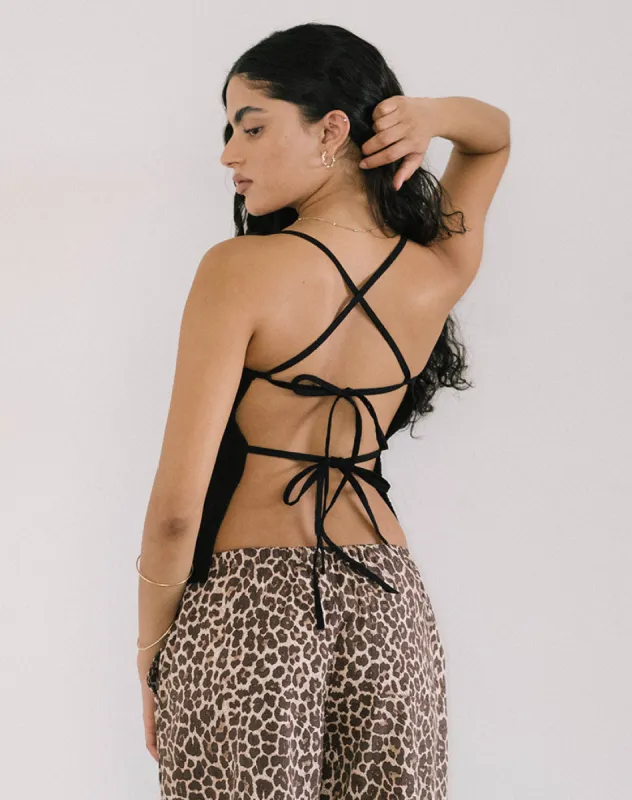 Lintang Tie Back Top in Linen Black sold by Motel Rocks