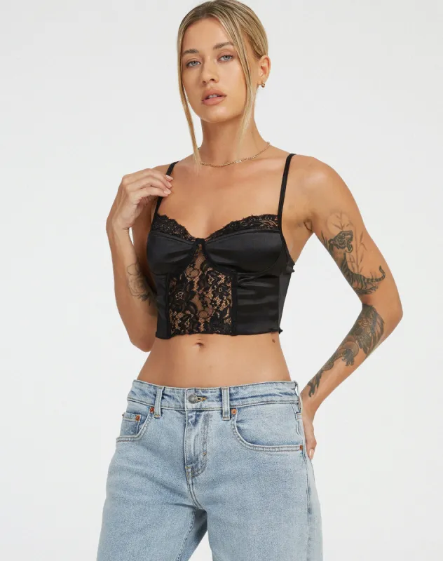 Litasa Corset Top in Satin Black sold by Motel Rocks