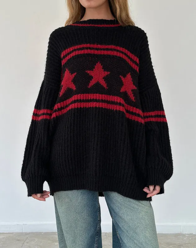 Lulees Oversized Jumper in Black with Red Star and Stripes sold by Motel Rocks