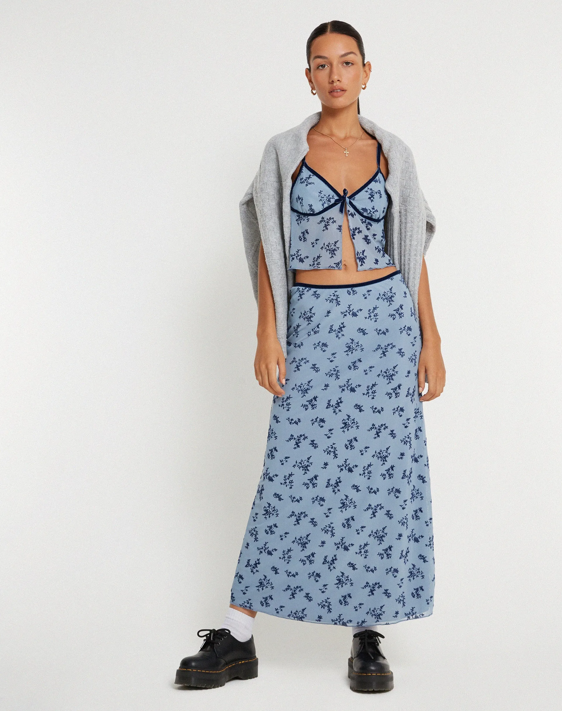 Rinzi Maxi Skirt in Light Blue Black Botanist Flocking sold by Motel Rocks product image thumbnail 4