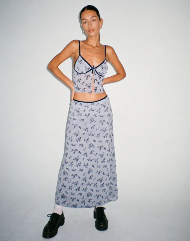 Rinzi Maxi Skirt in Light Blue Black Botanist Flocking sold by Motel Rocks
