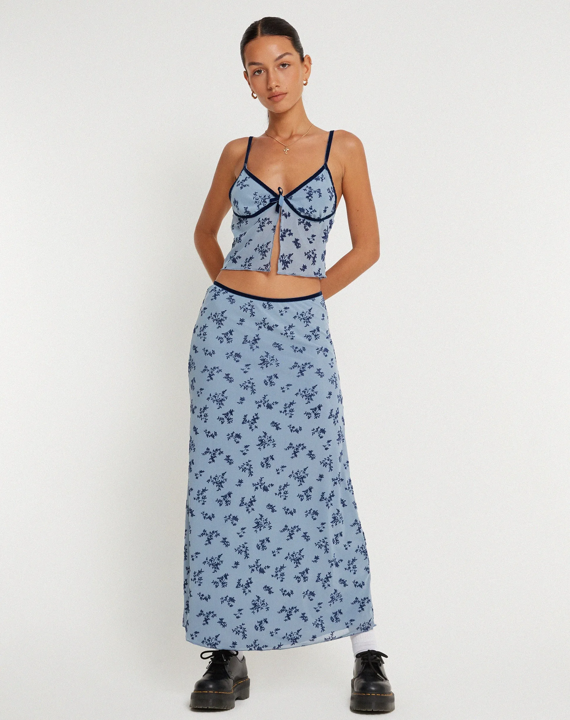 Rinzi Maxi Skirt in Light Blue Black Botanist Flocking sold by Motel Rocks product image thumbnail 2