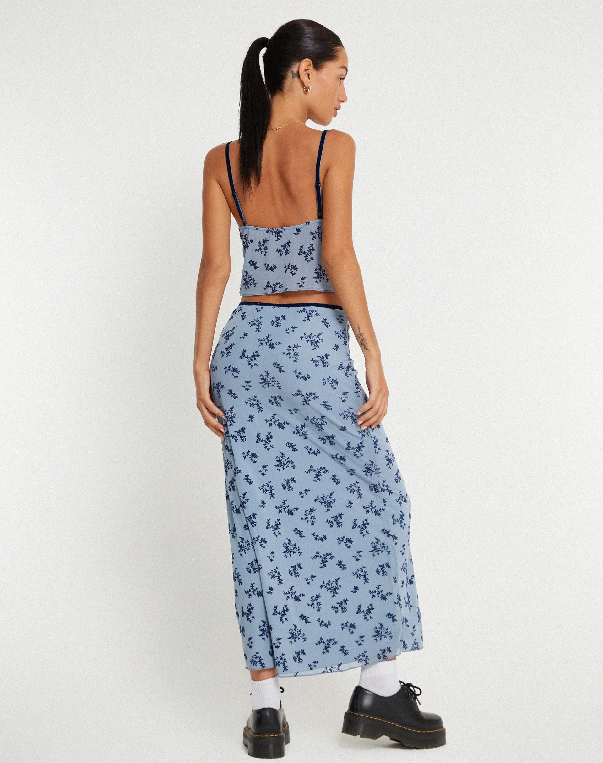 Rinzi Maxi Skirt in Light Blue Black Botanist Flocking sold by Motel Rocks product image thumbnail 3