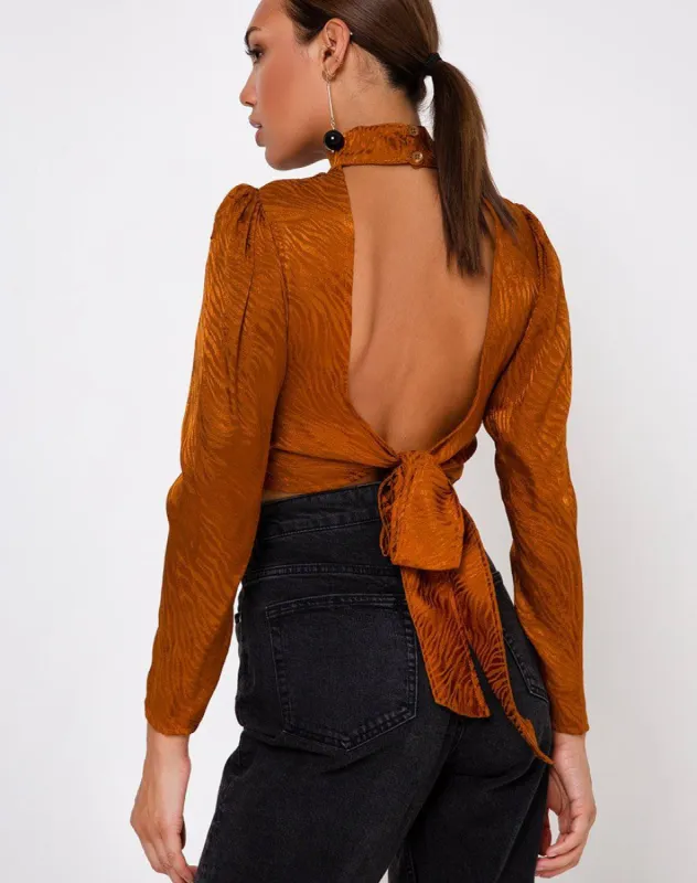 Jasty Crop Top in Satin Zebra Golden Coral sold by Motel Rocks