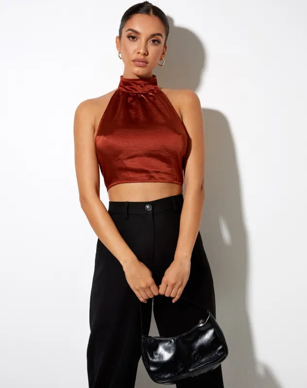 Noela Crop Top in Satin Brick sold by Motel Rocks