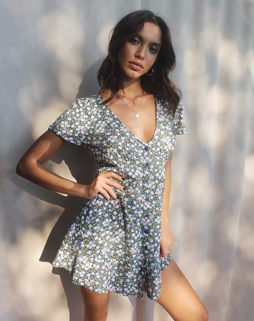 Sahara Tea Dress in Floral Field Olive sold by Motel Rocks