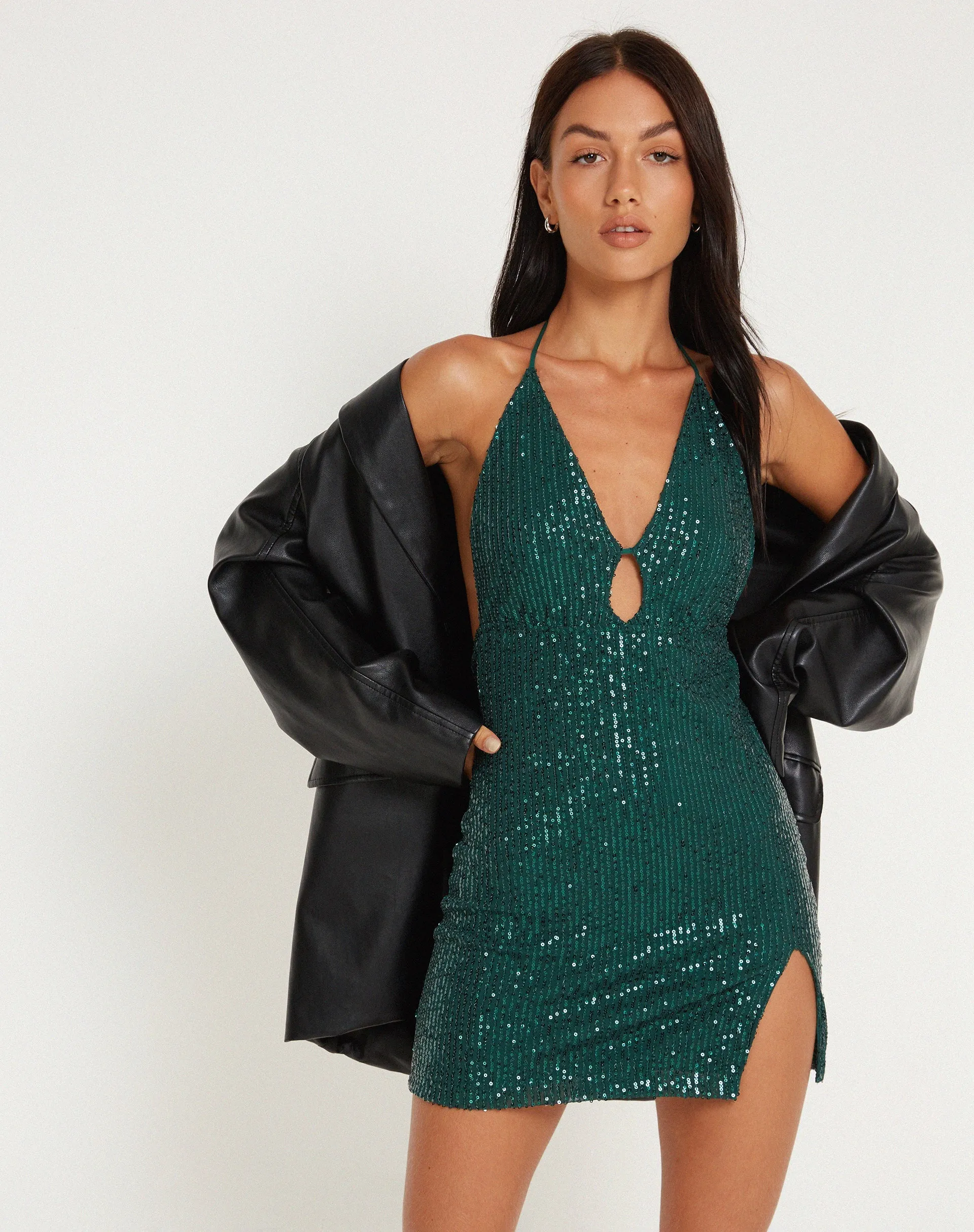 Bernoki Mini Dress in Drape Sequin Forest Green sold by Motel Rocks