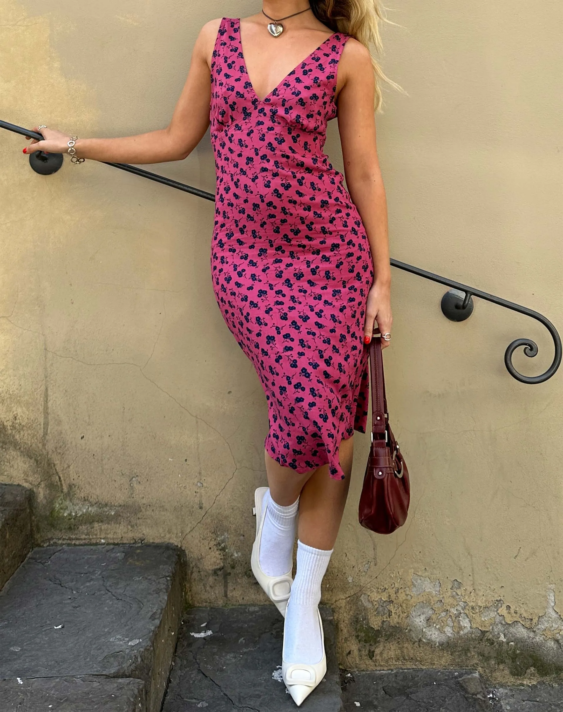 Lieva Midi Dress in Raspberry Floral sold by Motel Rocks