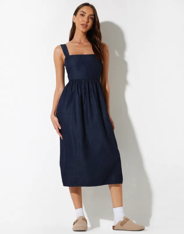 Doraya Midi Dress in Denim Blue Chambray sold by Motel Rocks