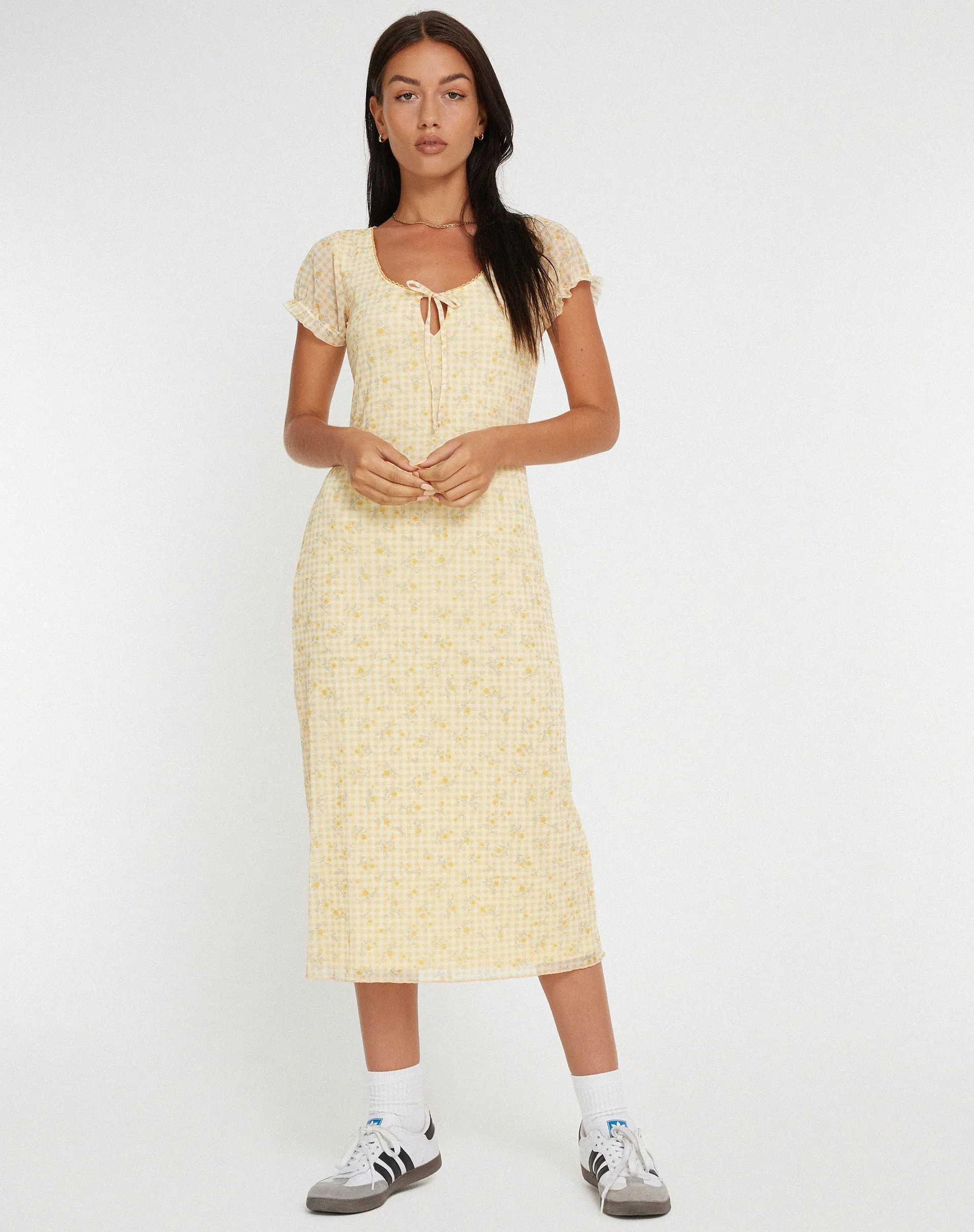 Aroha Midi Dress in Gingham Floral Yellow sold by Motel Rocks product image thumbnail 3