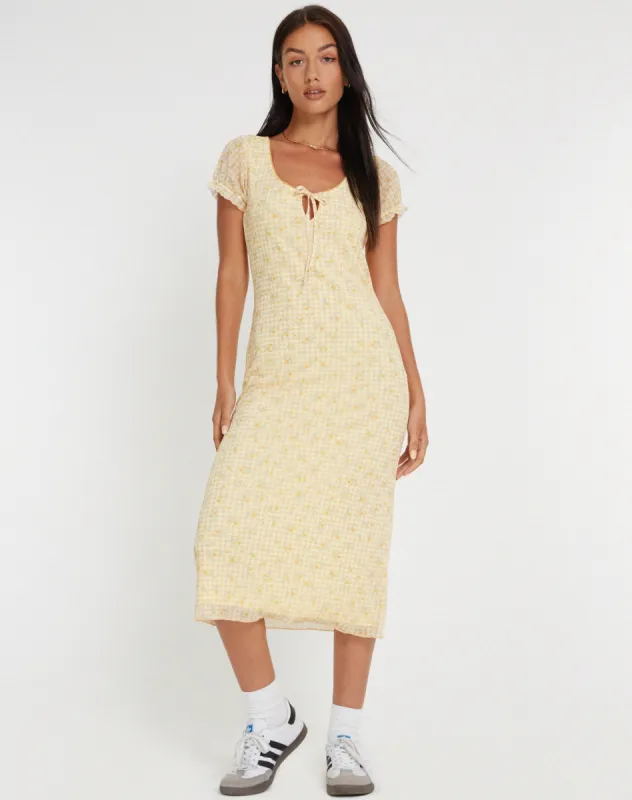 Aroha Midi Dress in Gingham Floral Yellow sold by Motel Rocks