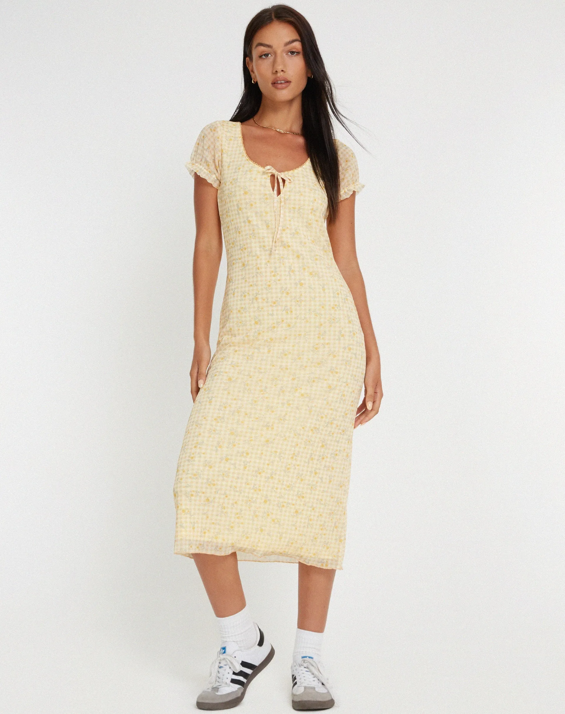 Aroha Midi Dress in Gingham Floral Yellow sold by Motel Rocks