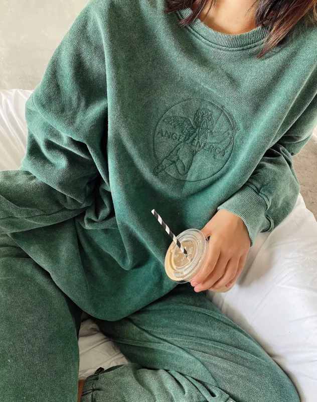 Glo Sweatshirt in Washed Green 'Angel Energy' Cherub Embro sold by Motel Rocks