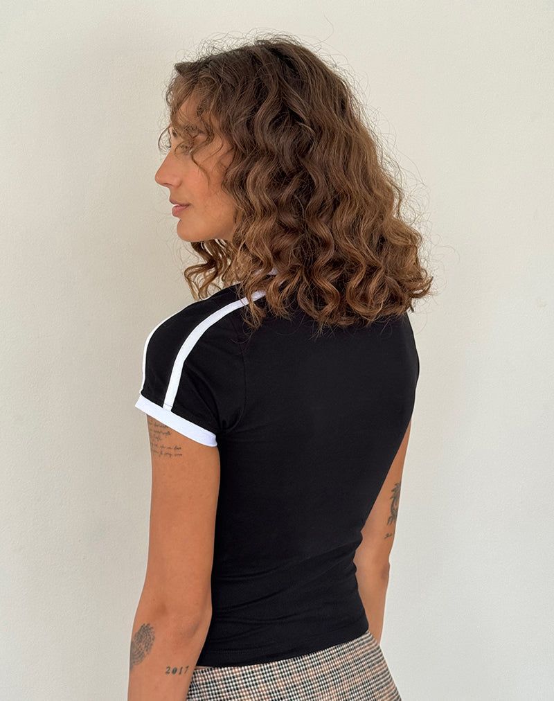Izolde Baby Tee in Black with White Binding and M Embroidery sold by Motel Rocks product image thumbnail 5