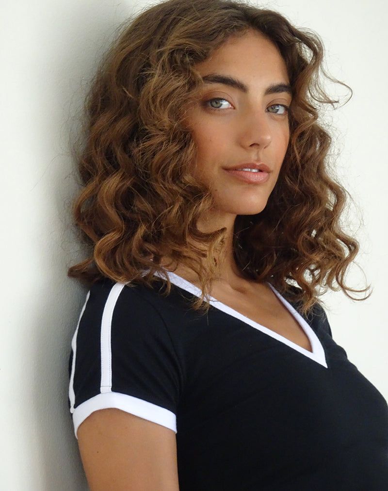 Izolde Baby Tee in Black with White Binding and M Embroidery sold by Motel Rocks product image thumbnail 3