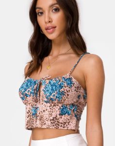 Hema Top in Jungle Flower Blue and Cream sold by Motel Rocks