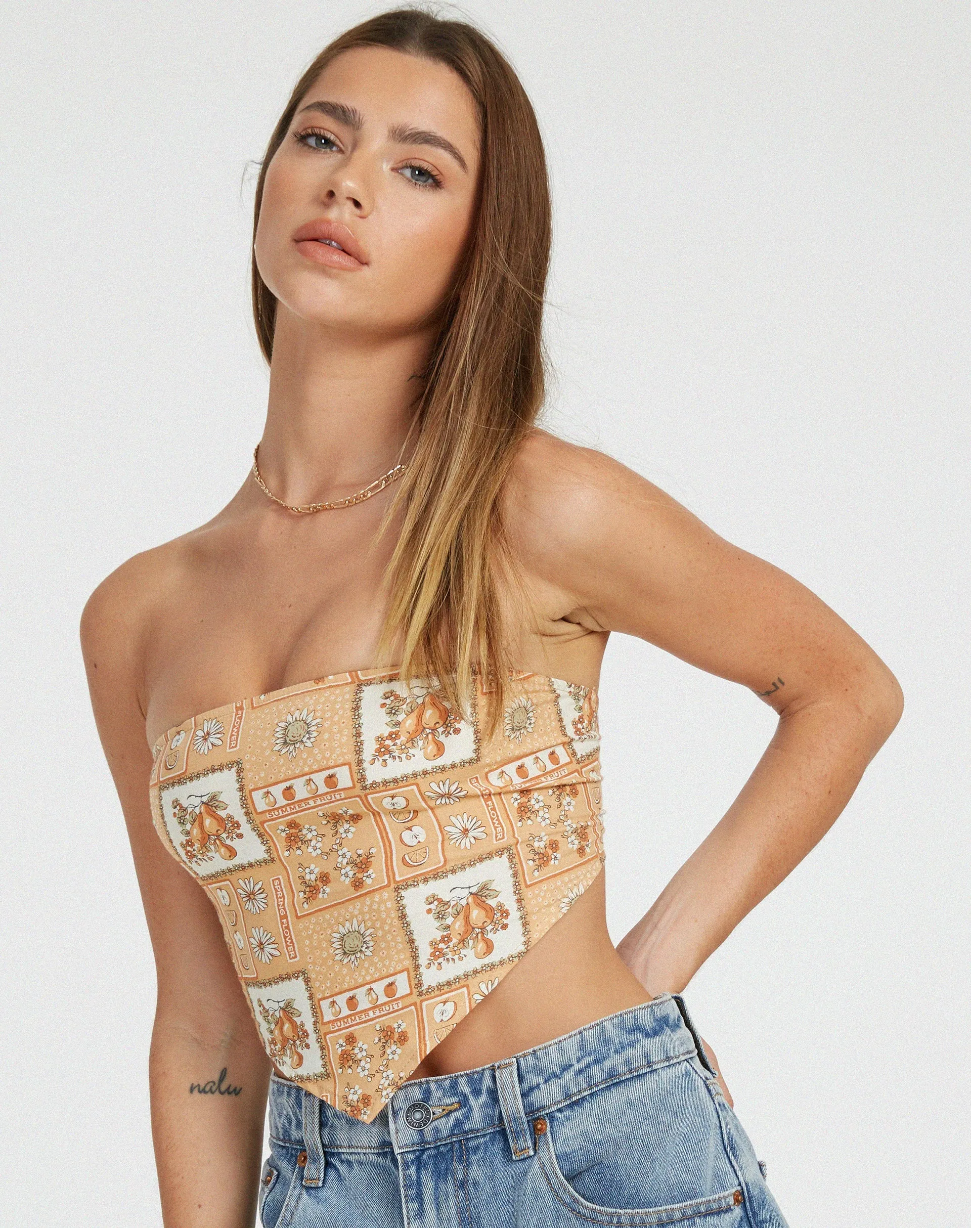 Nolda Crop Top in Picnic Print Brown sold by Motel Rocks