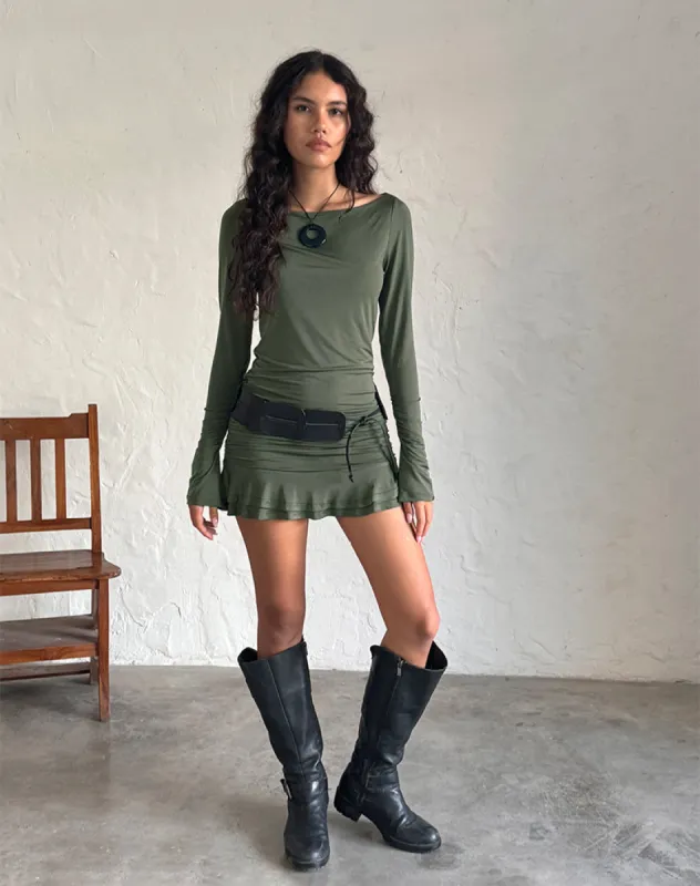 Gillian Long Sleeve Mini Dress in Slinky Khaki sold by Motel Rocks