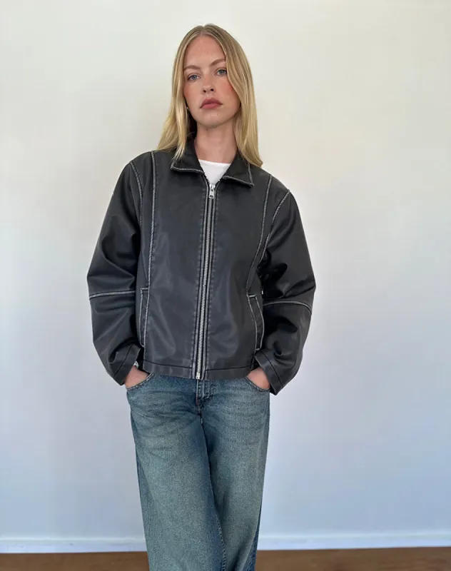 Brittany Distressed Jacket in PU Black sold by Motel Rocks