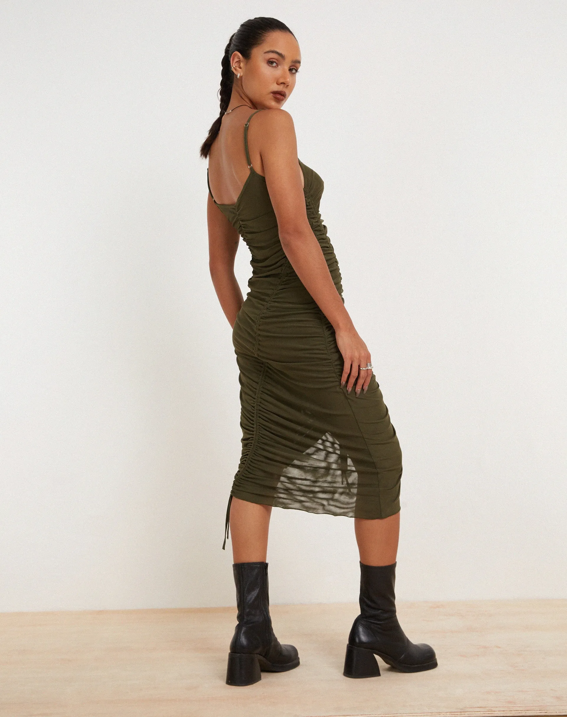 Dulcia Ruched Mesh Midi Dress in Green Leaf sold by Motel Rocks product image thumbnail 4