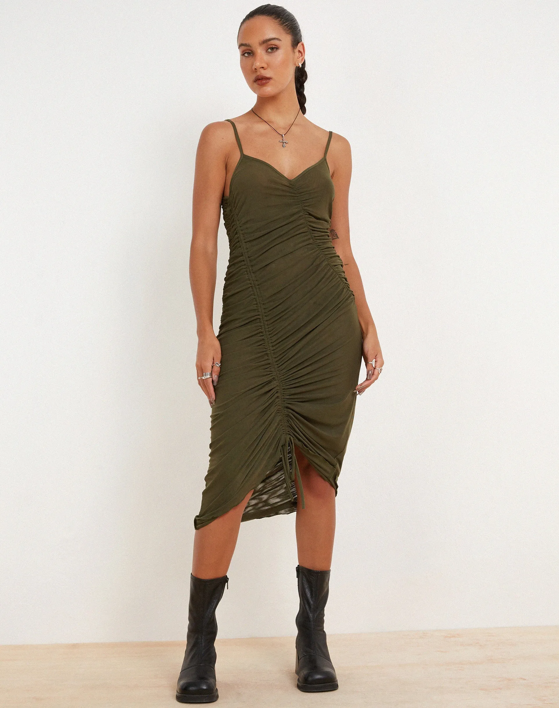 Dulcia Ruched Mesh Midi Dress in Green Leaf sold by Motel Rocks product image thumbnail 5