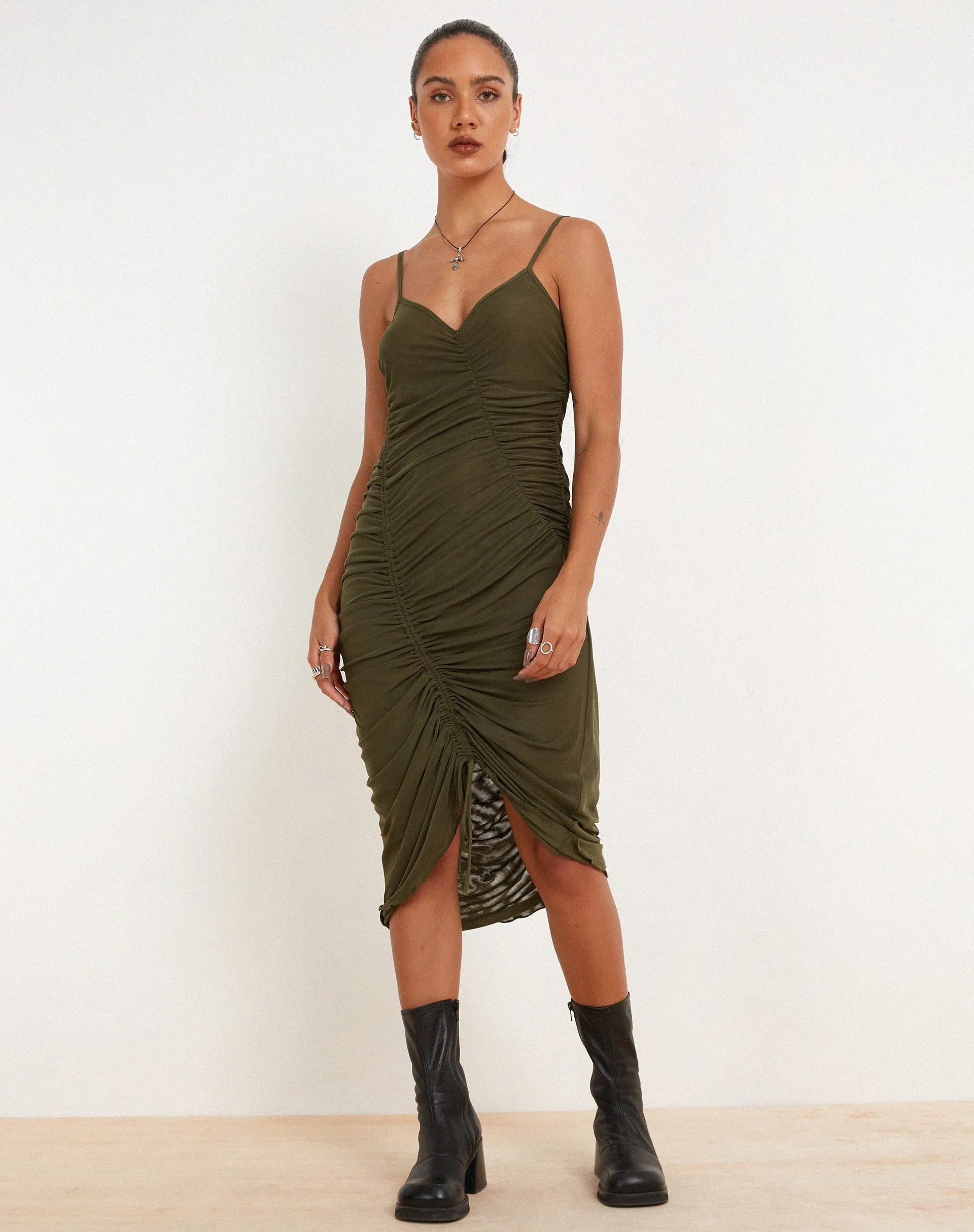Dulcia Ruched Mesh Midi Dress in Green Leaf sold by Motel Rocks product image thumbnail 3