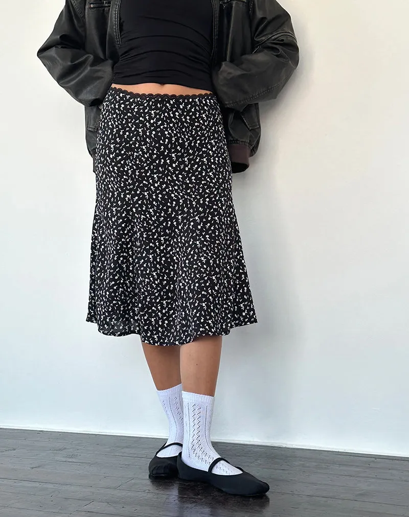 Rahyu Midi Skirt in Black Ditsy Romance sold by Motel Rocks