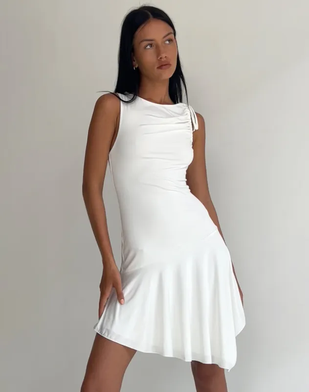 Chaya Waterfall Hem Mini Dress in Slinky Ivory sold by Motel Rocks