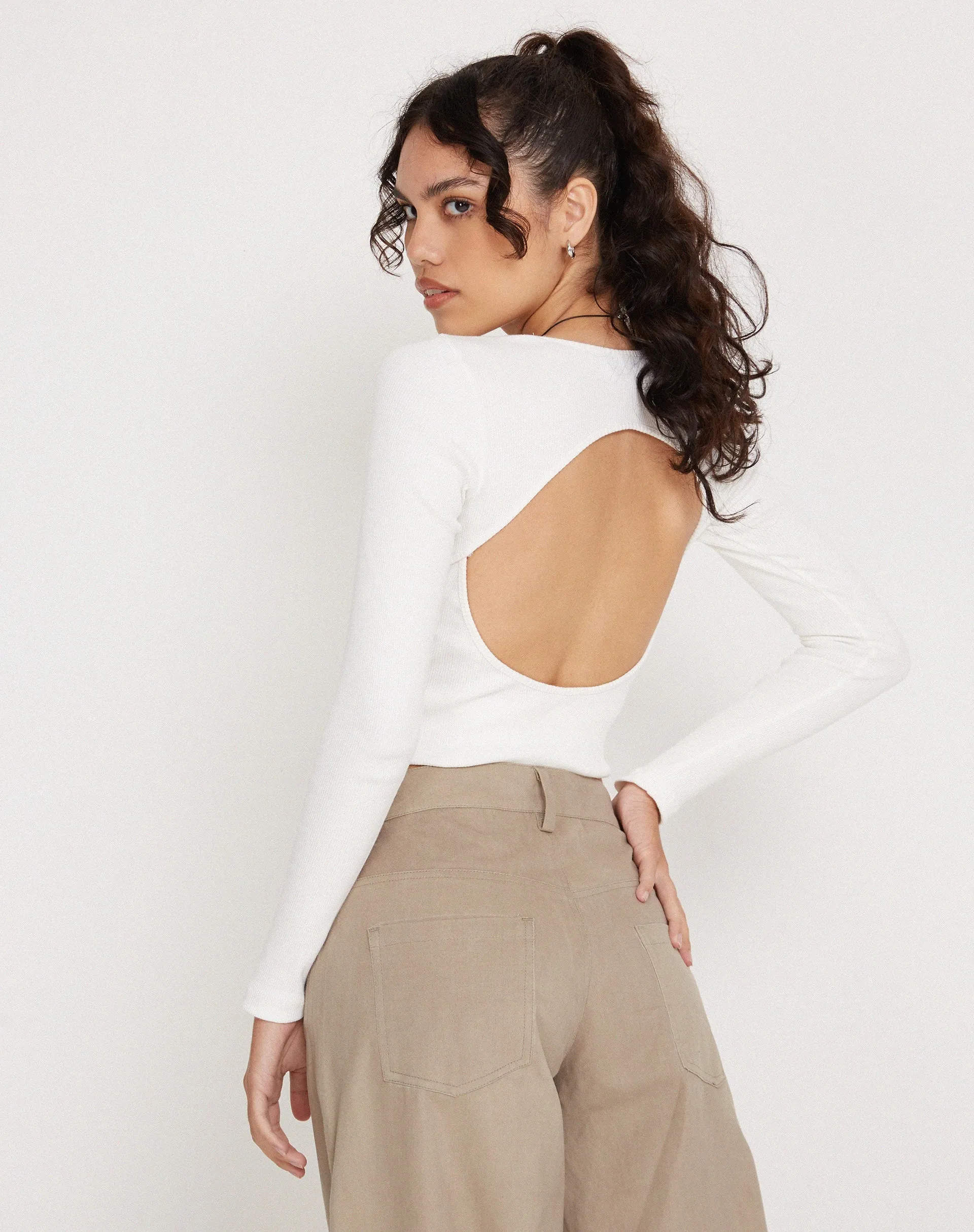 Gelbon Open Back Long Sleeve Top in Rib White sold by Motel Rocks product image thumbnail 2