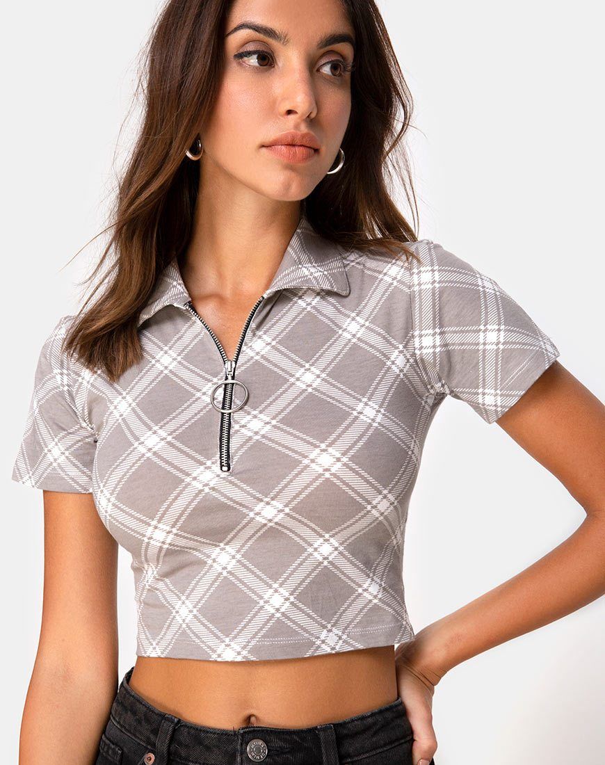 Dhen Crop Top in Grunge Check Taupe sold by Motel Rocks