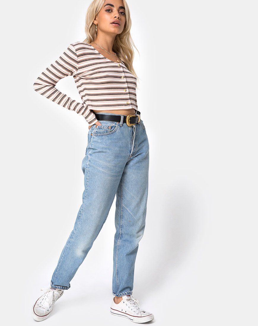 Lesea Crop Top in Rib Stripe Cream Black and Tan sold by Motel Rocks product image thumbnail 3