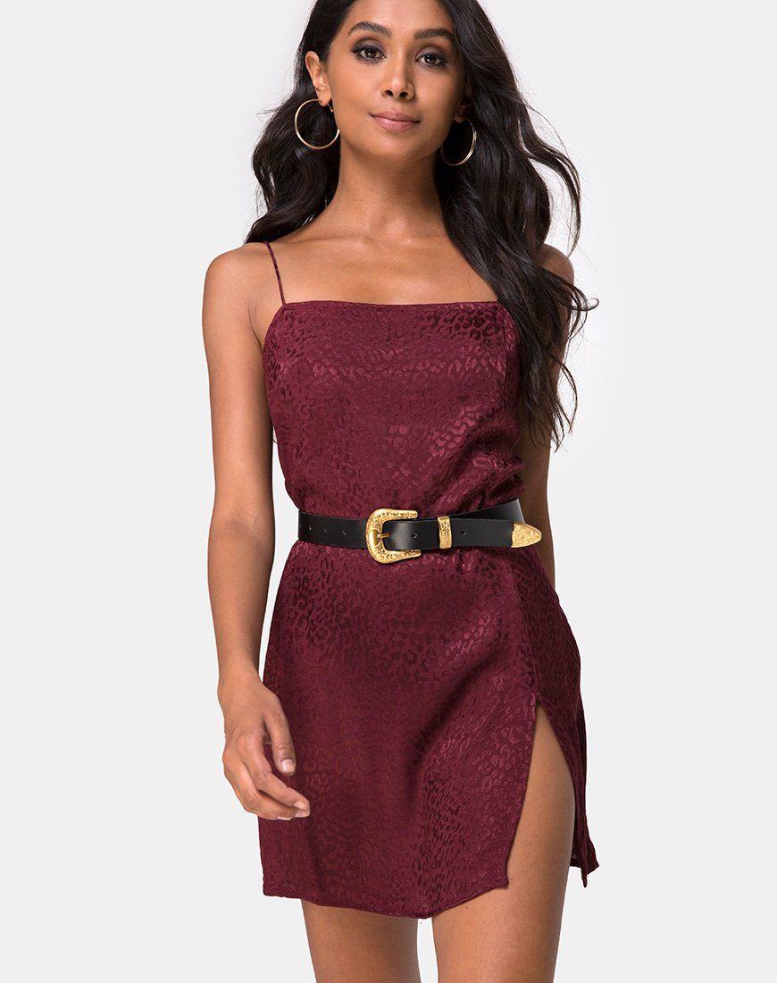 Datista Slip Dress in Satin Cheetah Burgundy sold by Motel Rocks