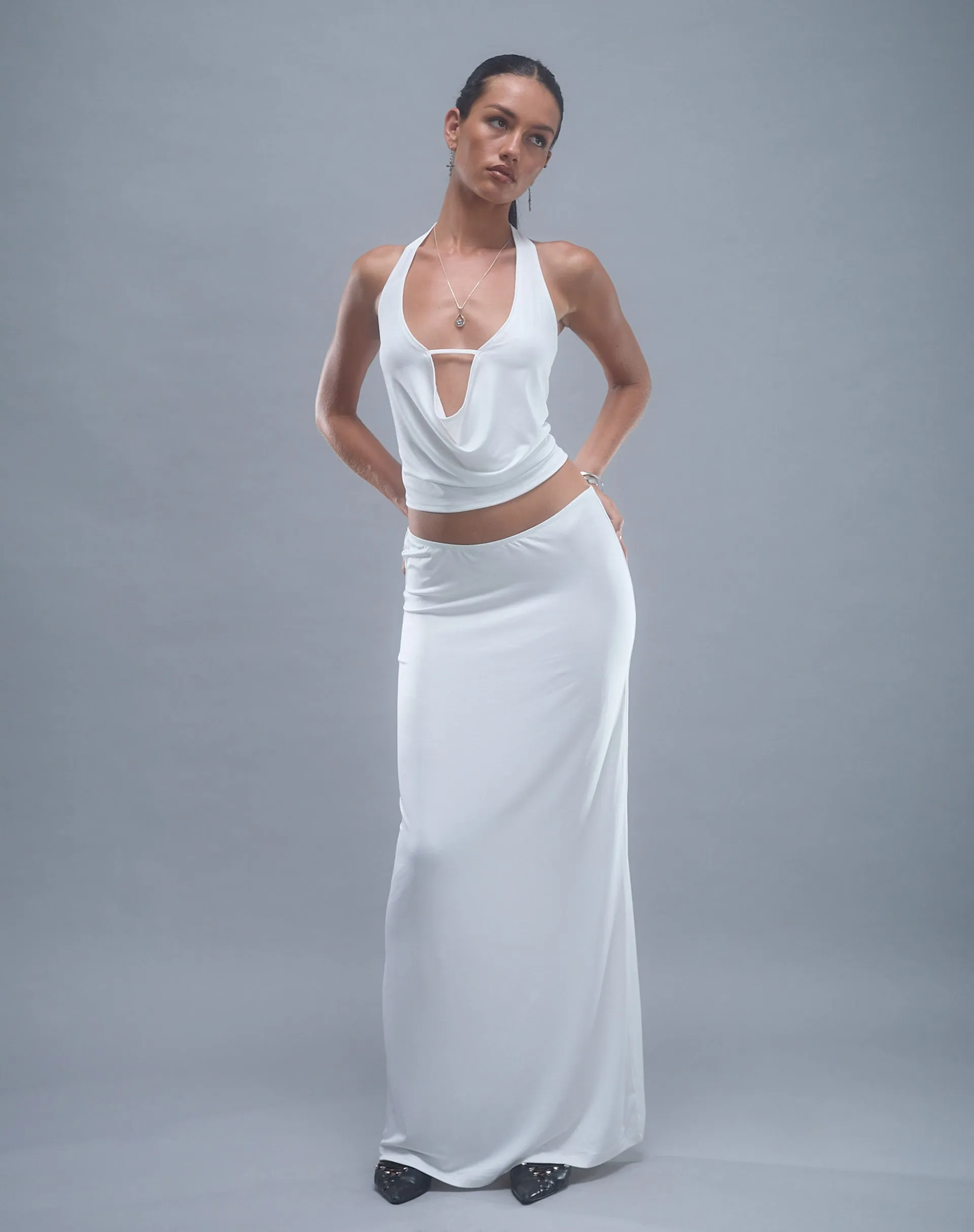 Rim Jersey Maxi Skirt in Ivory sold by Motel Rocks
