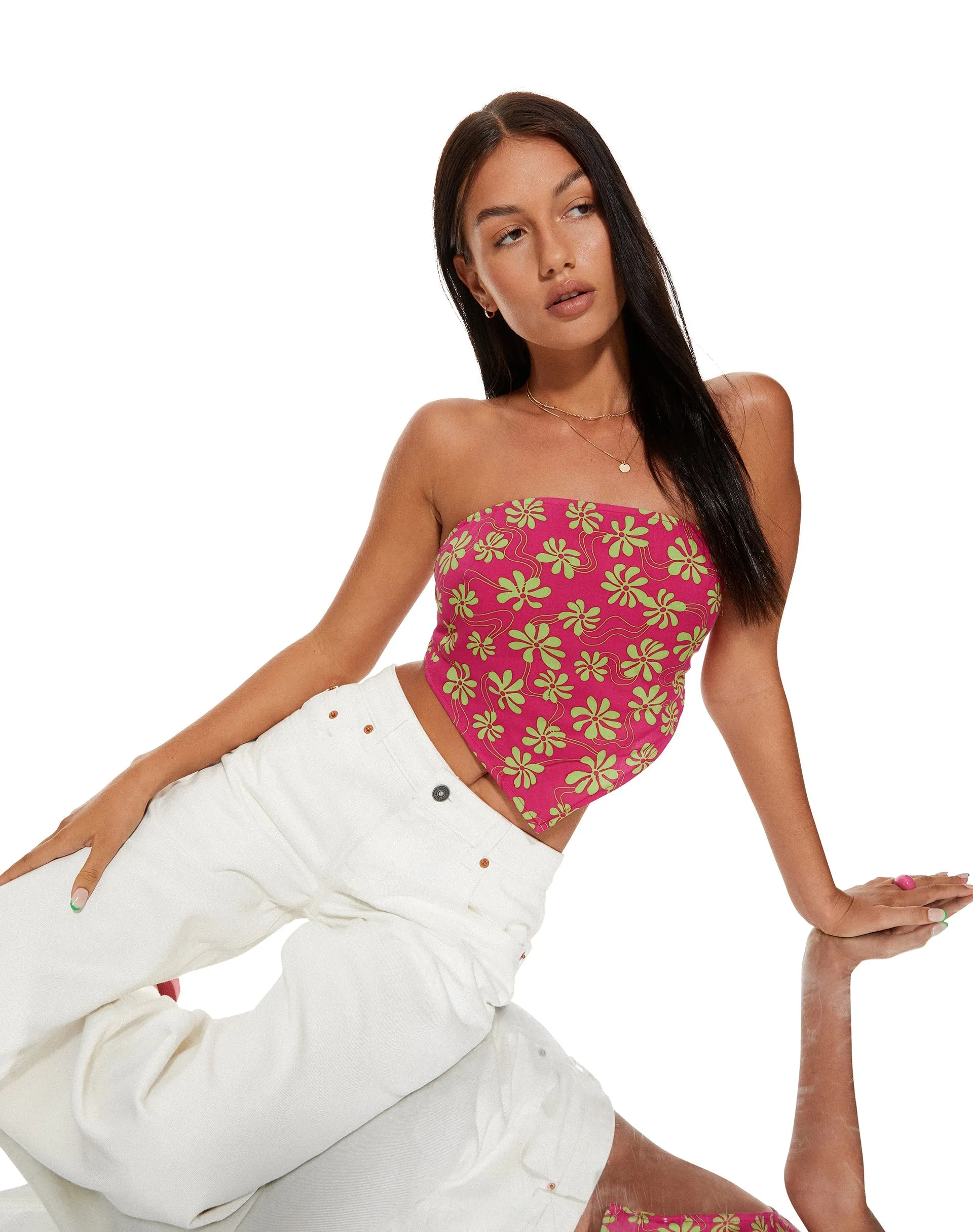 MOTEL X BARBARA Iryas Crop Top in 90s Beachy Floral Hot Pink sold by Motel Rocks product image thumbnail 2