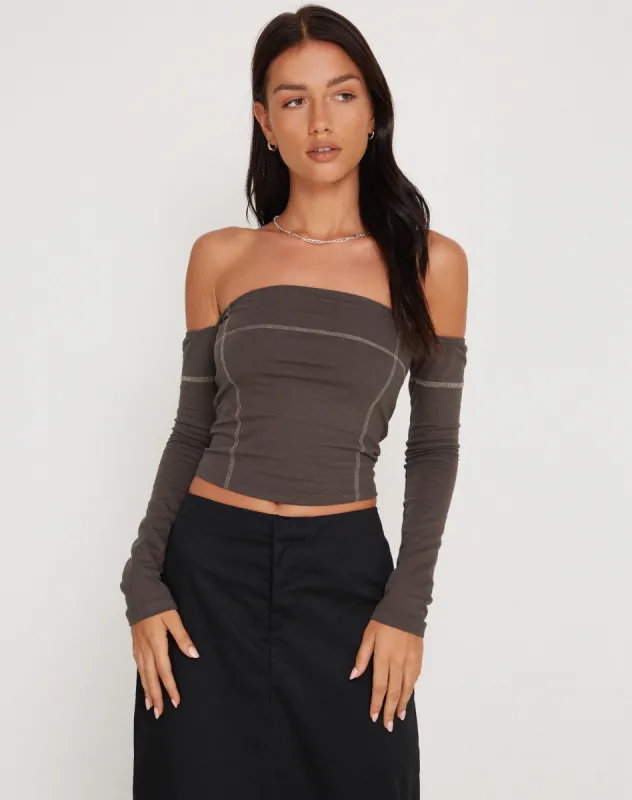 Lan Long Sleeve Top in Gunmetal with Grey Top Stitch sold by Motel Rocks