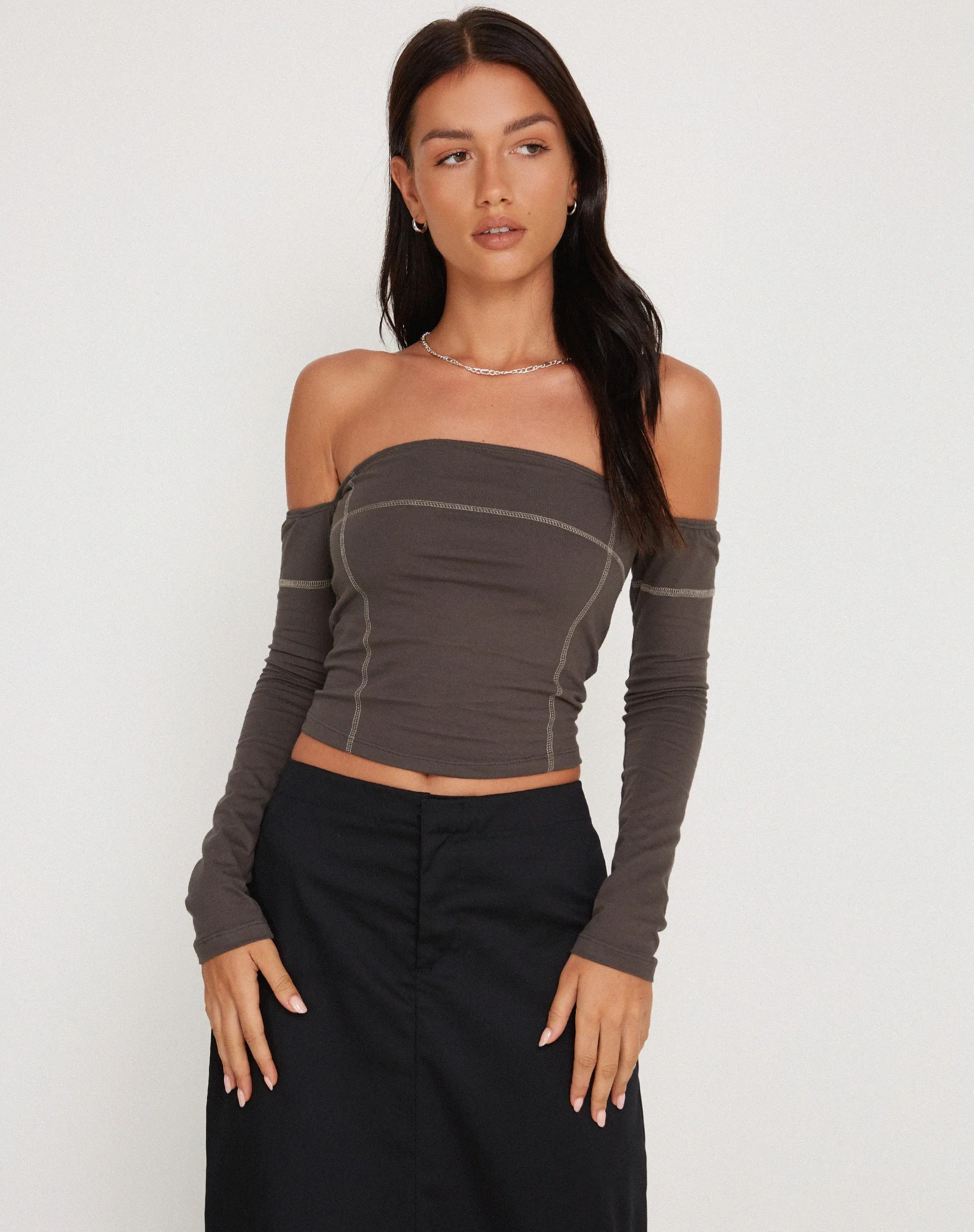 Lan Long Sleeve Top in Gunmetal with Grey Top Stitch sold by Motel Rocks