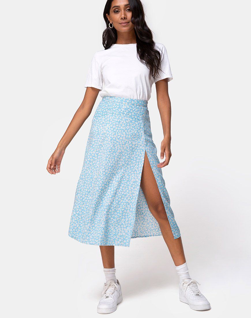 Saika Midi Skirt in Ditsy Rose Blue sold by Motel Rocks