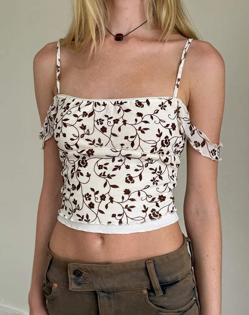 Tavisha Cami Top in Brown Stem Flower Flock sold by Motel Rocks