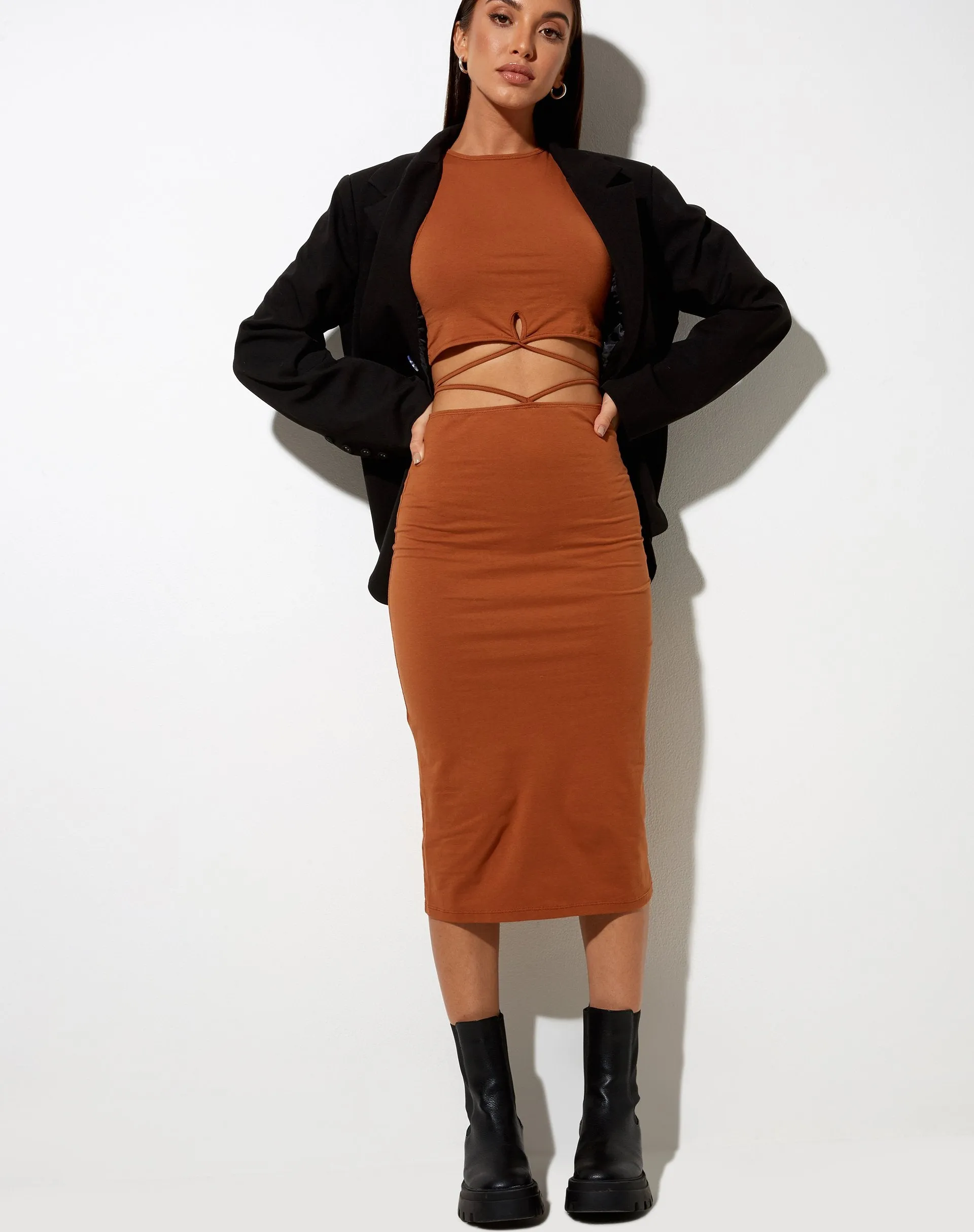 Seody Midi Skirt in Bombay Brown sold by Motel Rocks