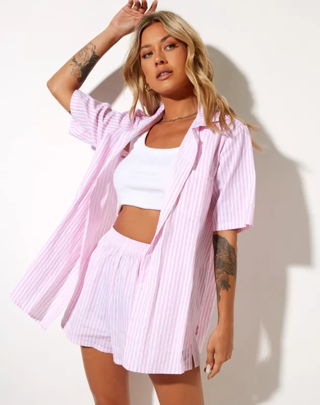 Smith Short Sleeve Shirt in Vertical Stripe Pink and White sold by Motel Rocks
