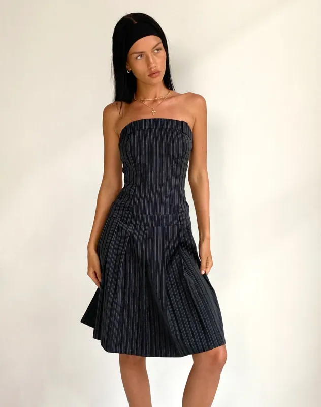 Aldari Bandeau Midi Dress in Tailoring Black Pinstripe sold by Motel Rocks